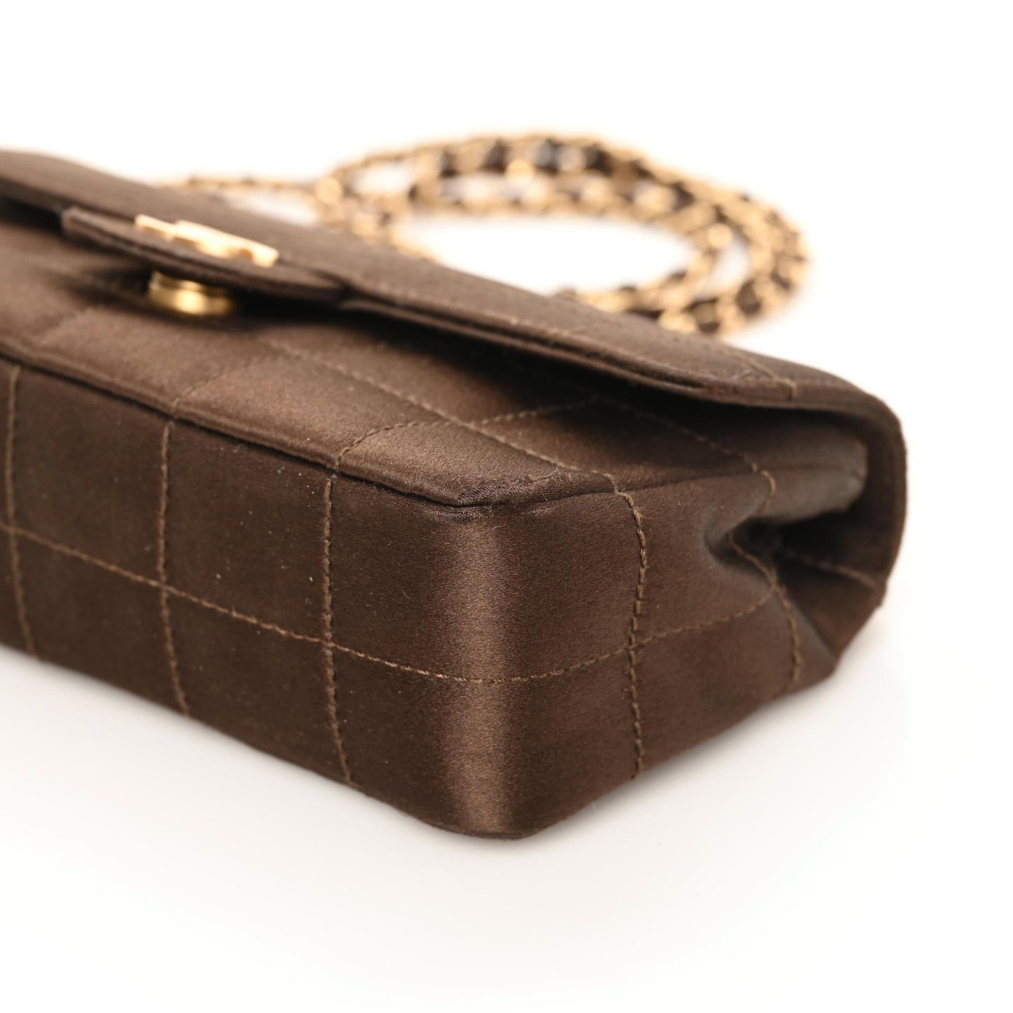 Satin Chocolate Bar Quilted Rectangular Mini Flap Dark Brown