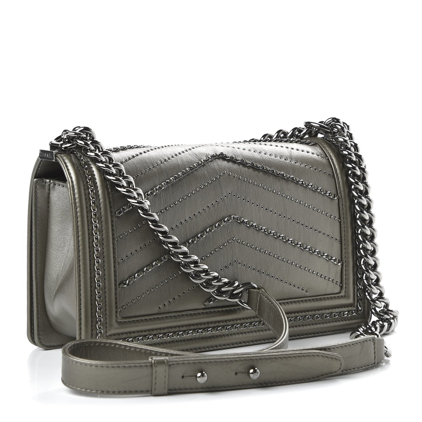 Metallic Crumpled Calfskin Chevron Chain Medium Boy Flap Grey