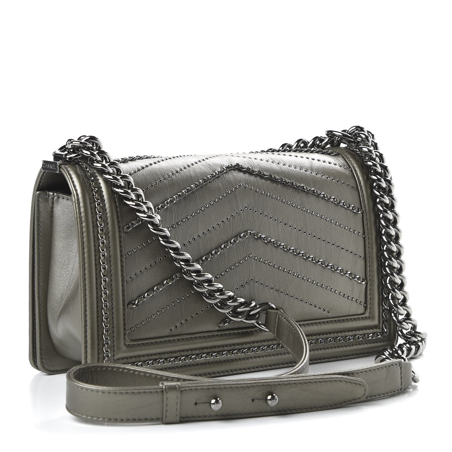 Chanel Metallic Crumpled Calfskin Chevron Chain Medium Boy Flap Grey 3 of 10