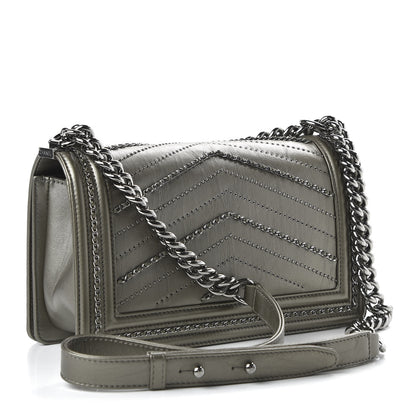 Chanel Metallic Crumpled Calfskin Chevron Chain Medium Boy Flap Grey 3 of 10