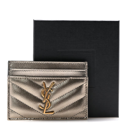 Saint Laurent Metallic Grain De Poudre Matelasse Chevron Monogram Credit Card Case Piombo 9 of 9