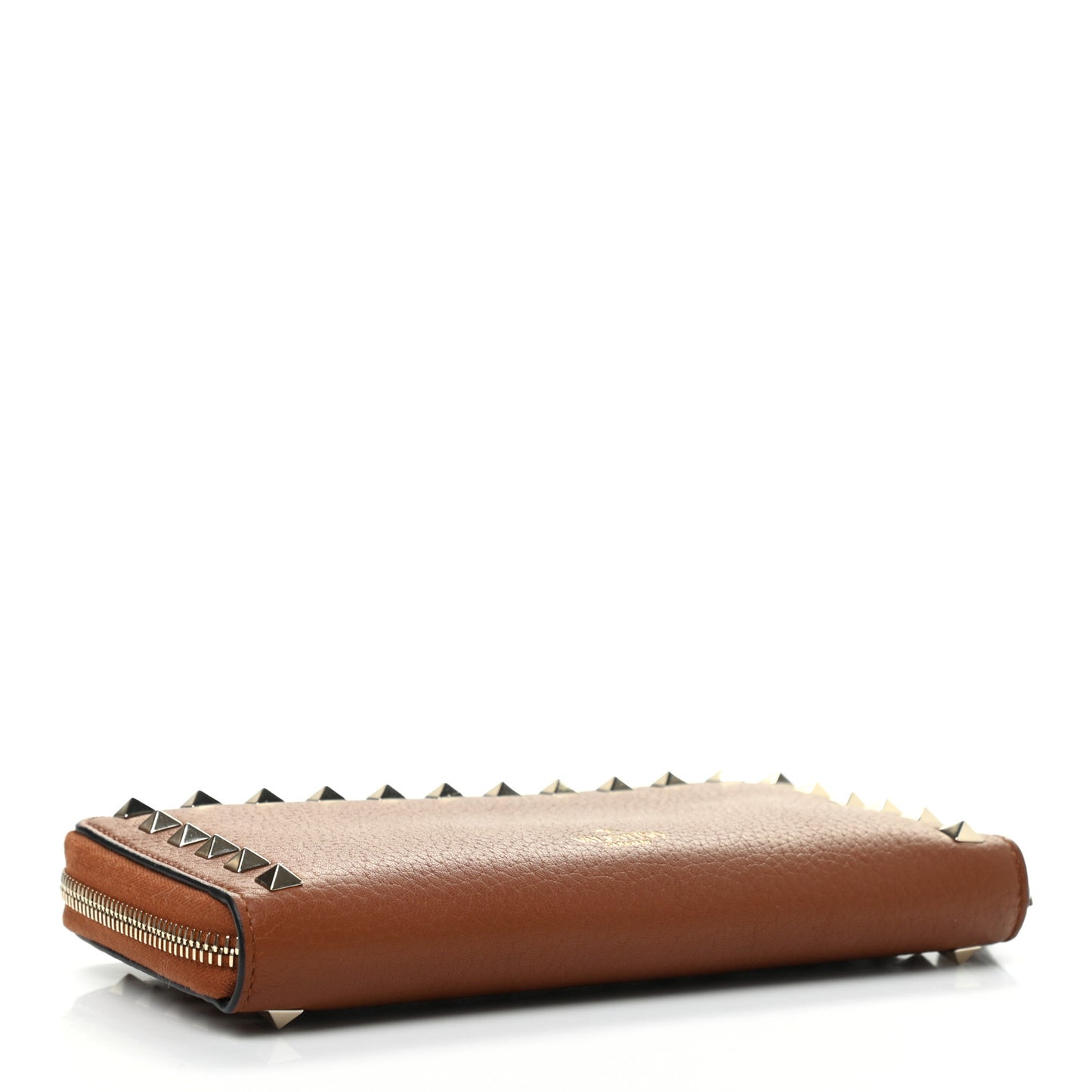 Pebbled Calfskin Rockstud Zip Around Wallet Bright Cognac