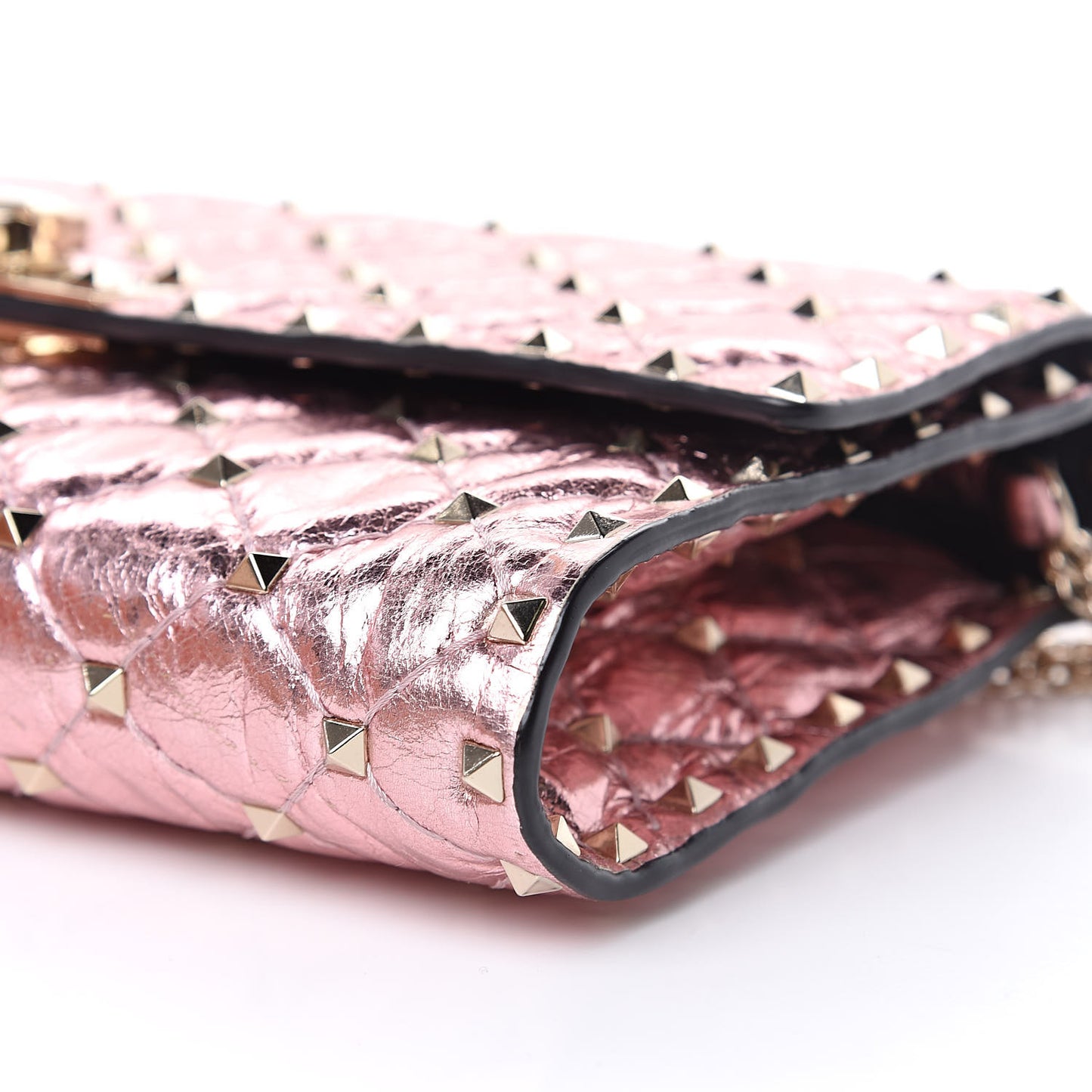 Metallic Wrinkled Lambskin Rockstud Spike Wallet on Chain Lipstick
