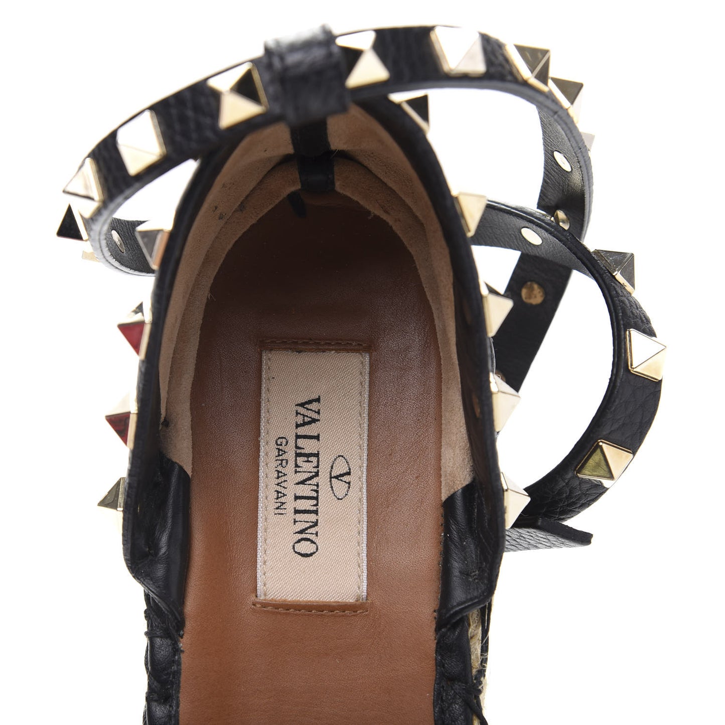 Grained Calfskin Rockstud Ankle Wrap Espadrille 20mm Flats 37 Black Natural