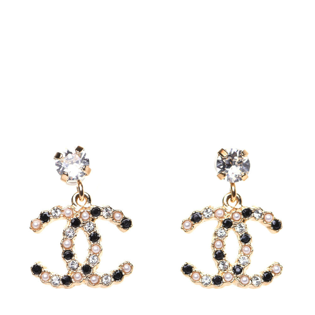 Resin Crystal Pearl CC Drop Earrings Gold Black