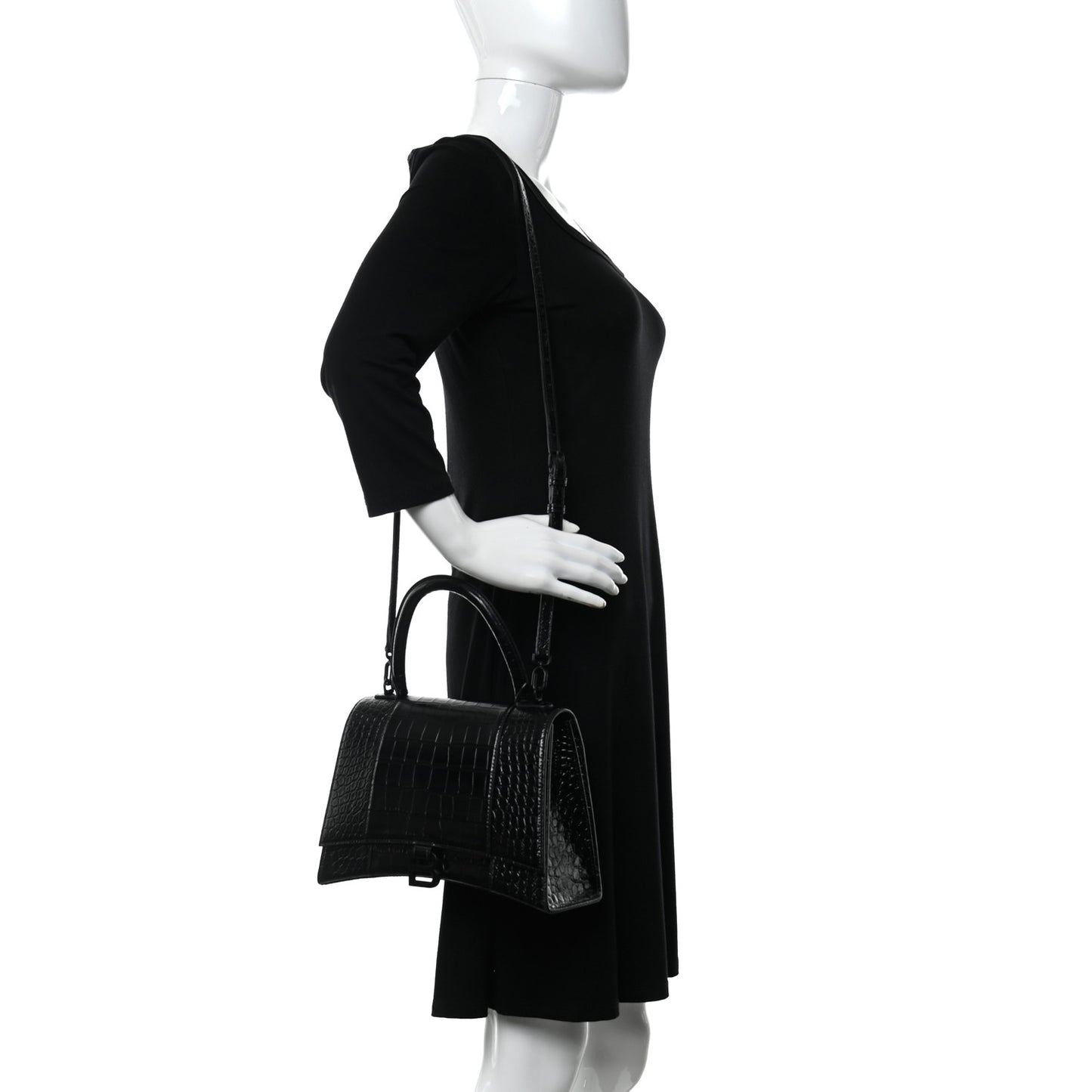 Shiny Calfskin Monochrome Crocodile Embossed Medium Hourglass Top Handle Bag Black