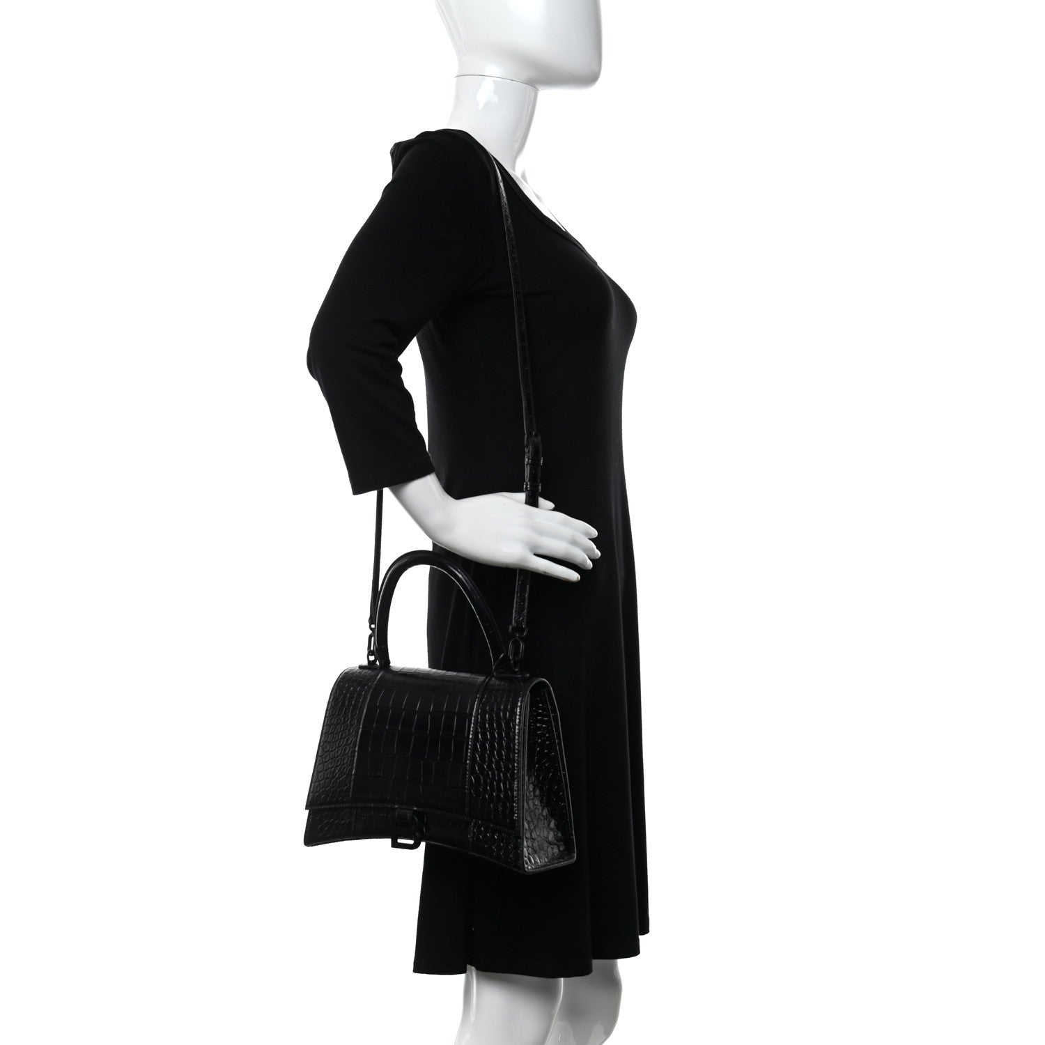 Balenciaga Shiny Calfskin Monochrome Crocodile Embossed Medium Hourglass Top Handle Bag Black 2 of 10