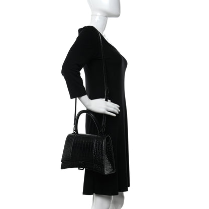 Balenciaga Shiny Calfskin Monochrome Crocodile Embossed Medium Hourglass Top Handle Bag Black 2 of 10