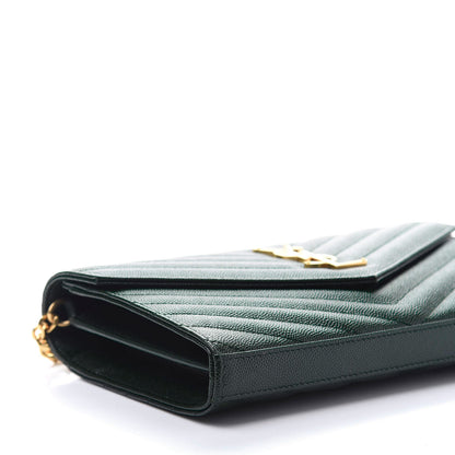 Saint Laurent Grain De Poudre Matelasse Chevron Monogram Chain Wallet Dark Green 6 of 11