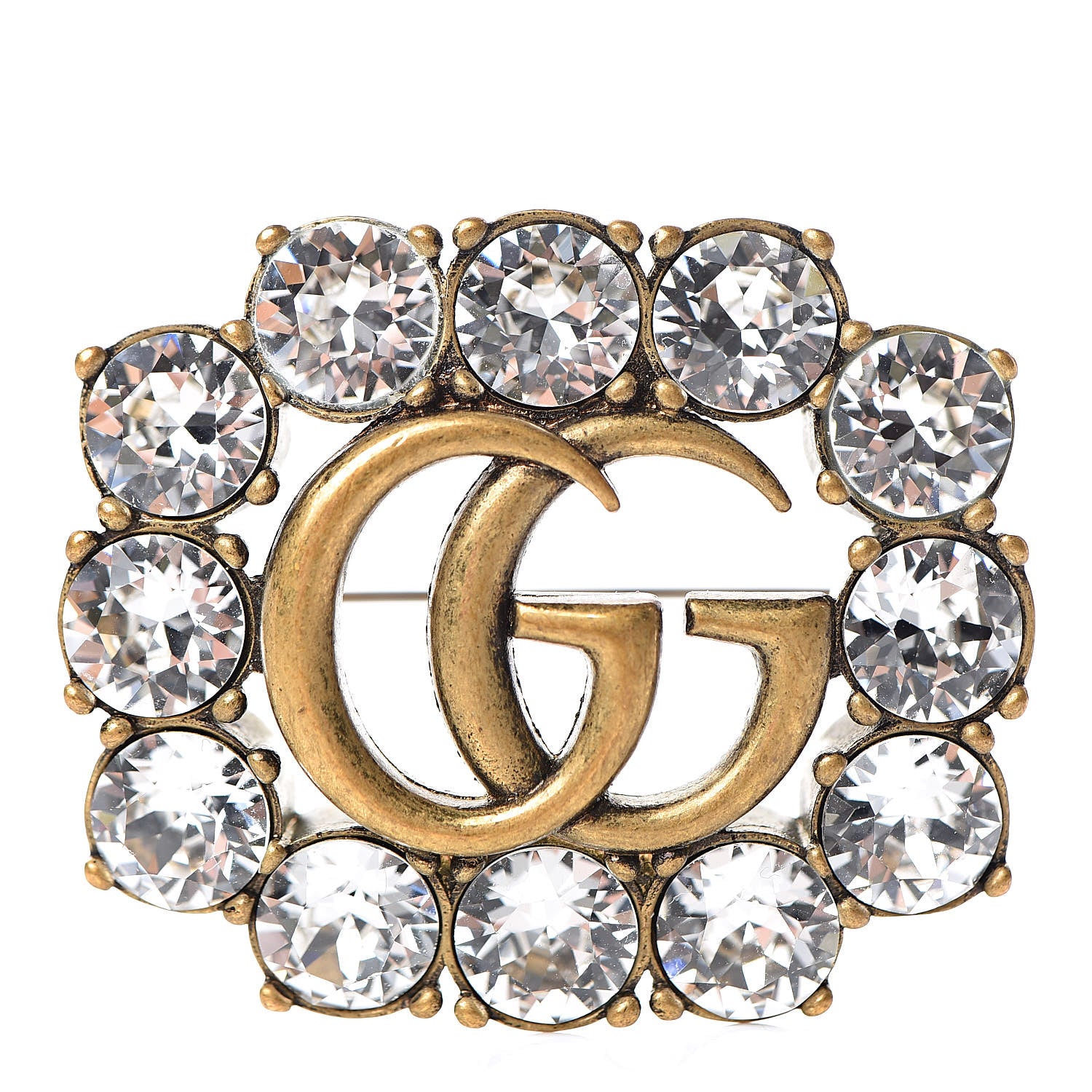 Gucci Metal Crystal Double G Brooch Aged Gold 1 of 5