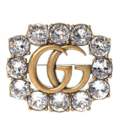 Gucci Metal Crystal Double G Brooch Aged Gold 1 of 5