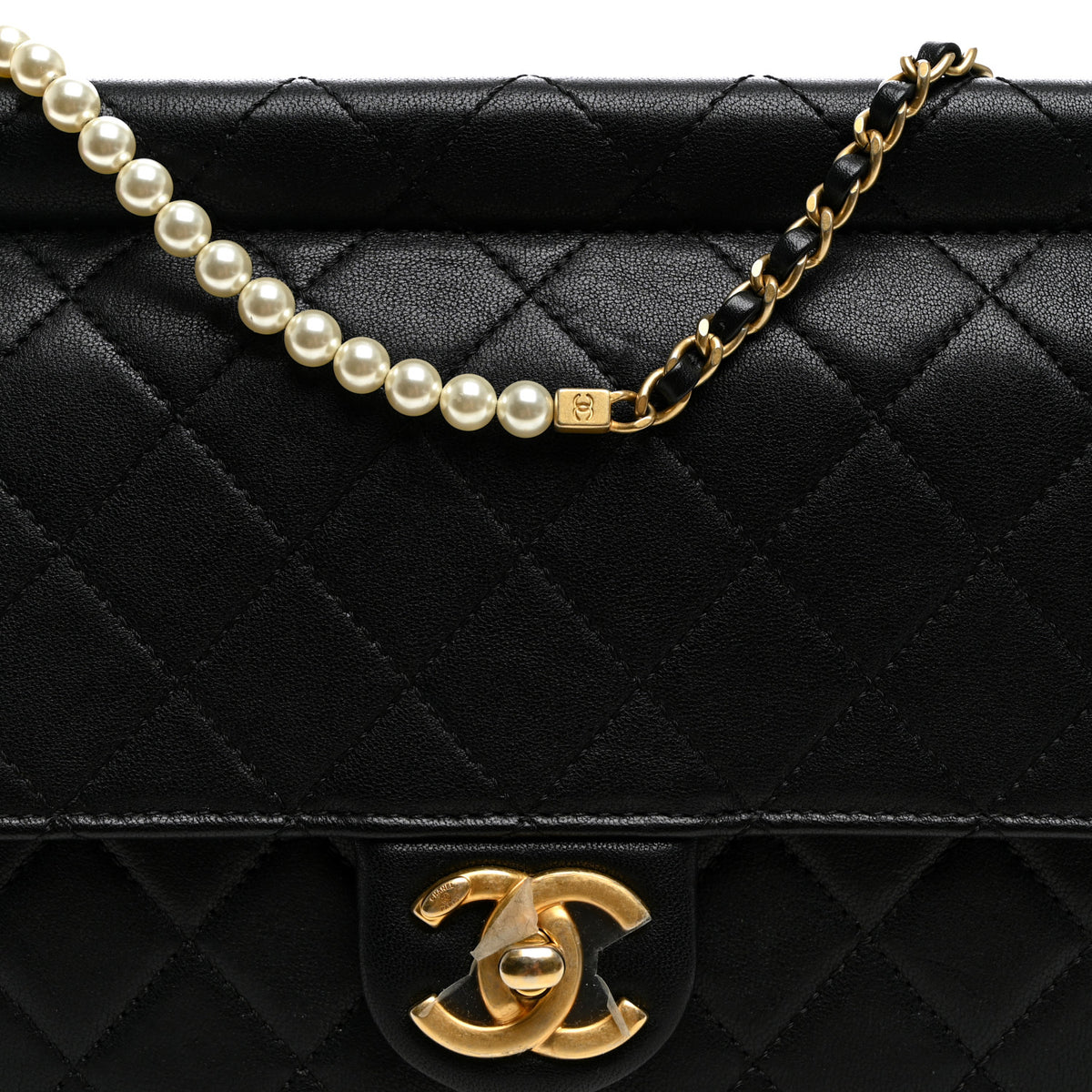 Lambskin Quilted Large Pearl Chain Flap Bag Black
