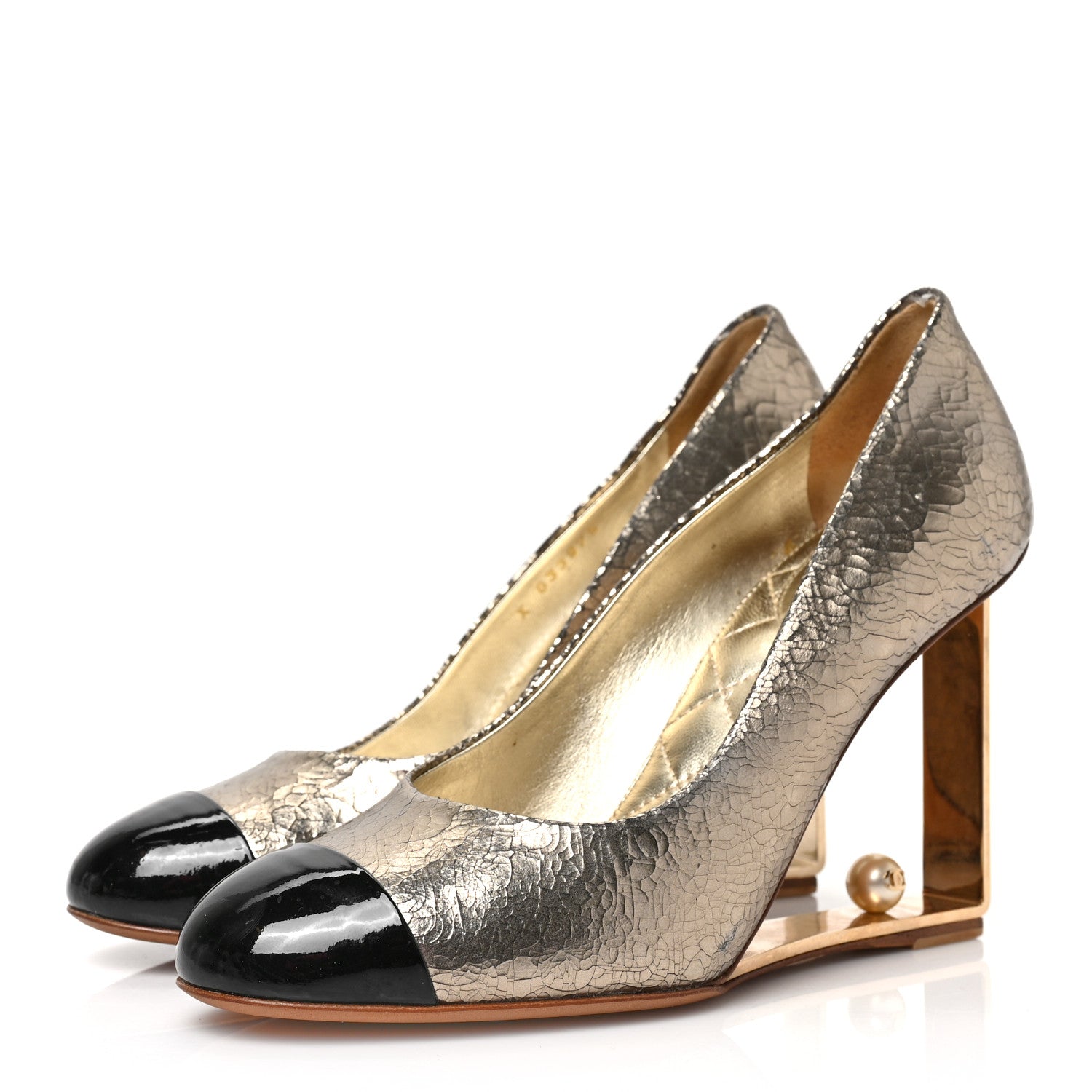 Chanel Metallic Crackled Goatskin Patent Cap Toe Pearl Pumps 38 Gold Black 3 of 10