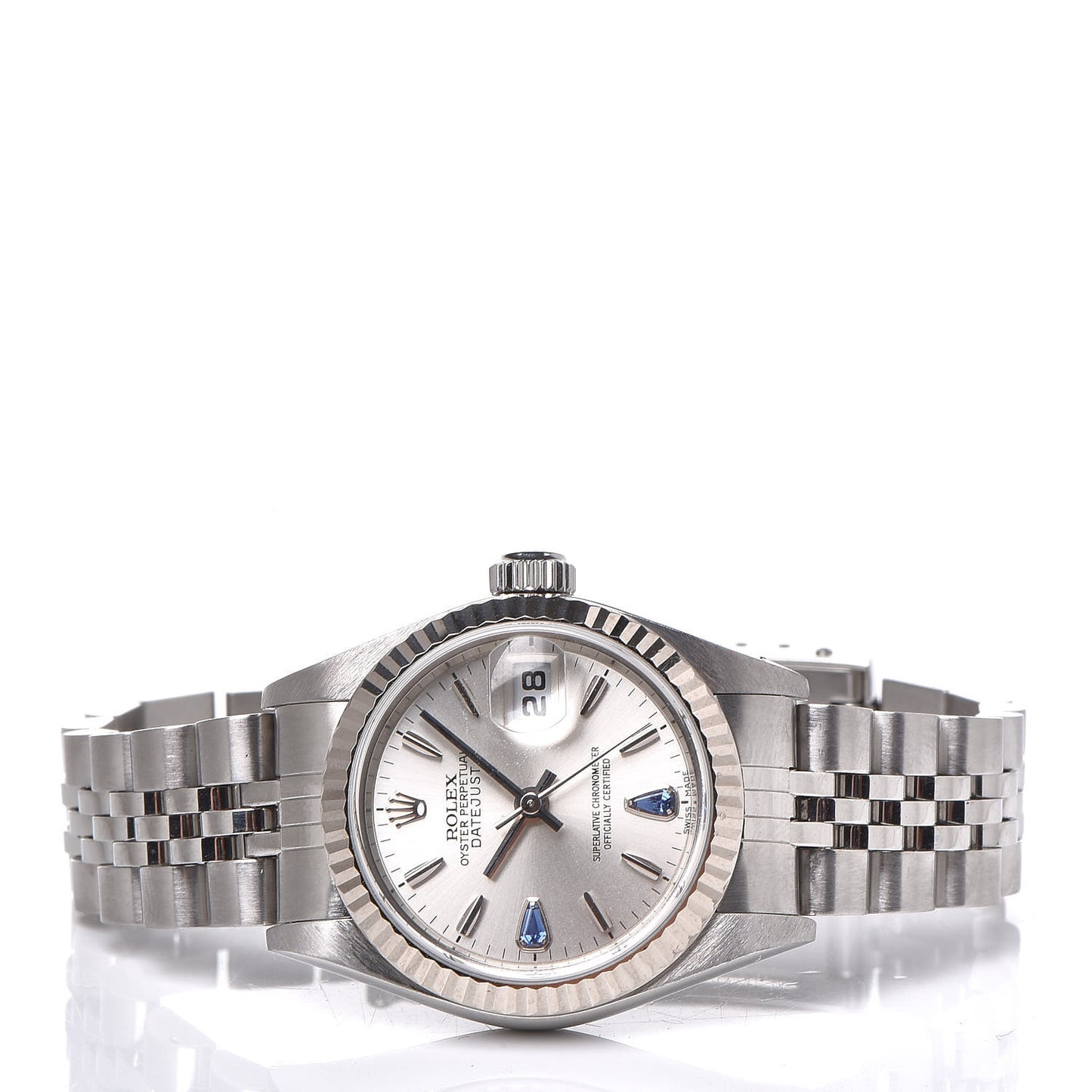 Stainless Steel 18K White Gold Blue Sapphire 26mm Oyster Perpetual Datejust Watch Silver 79174