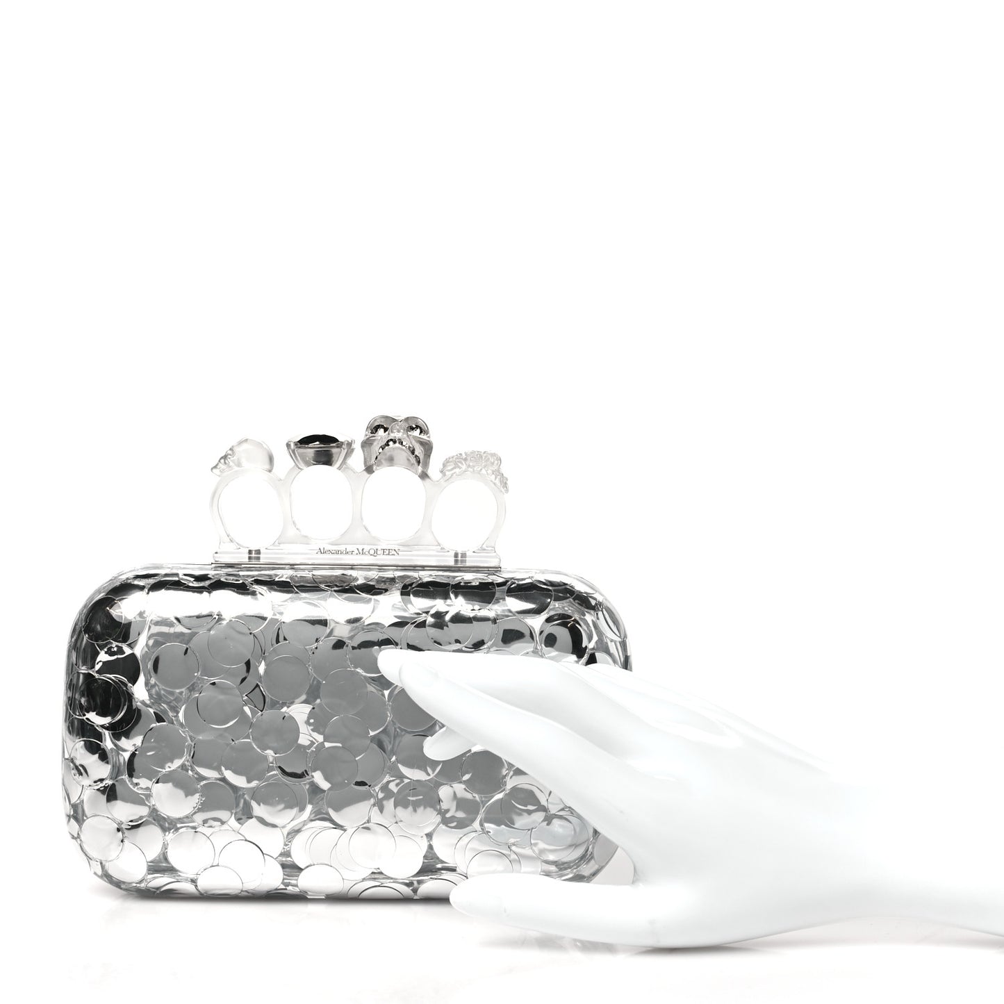 Plexi Mirror Sequin Skull Four Ring Clutch Silver