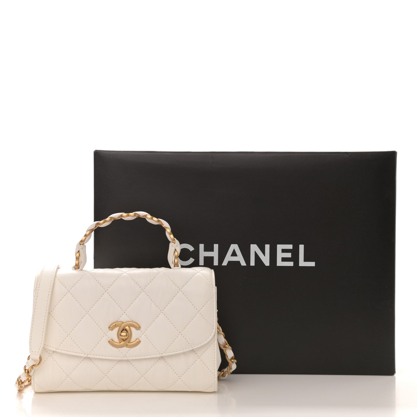 Crumpled Lambskin Quilted Mini CC Links Top Handle Flap White