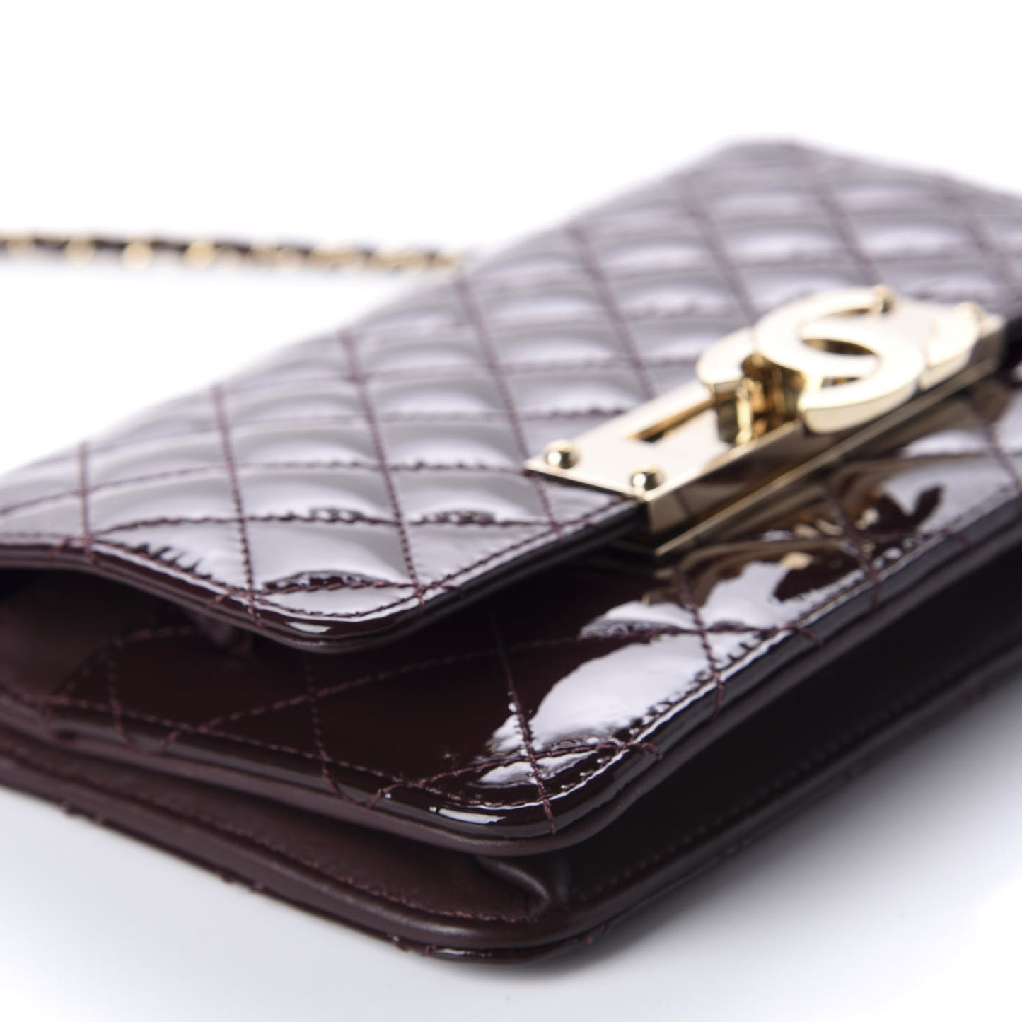Patent Quilted Golden Class Wallet on Chain WOC Burgundy