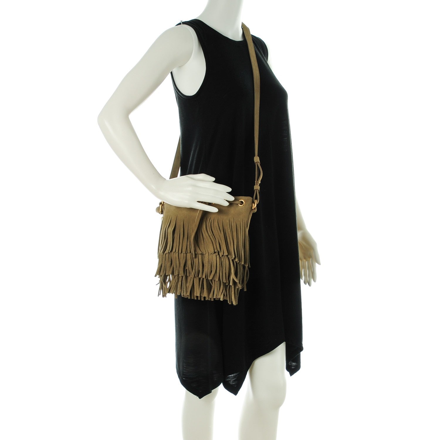 Saint Laurent Suede Calfskin Small Emmanuelle Fringe Bucket Bag Khaki 2 of 7
