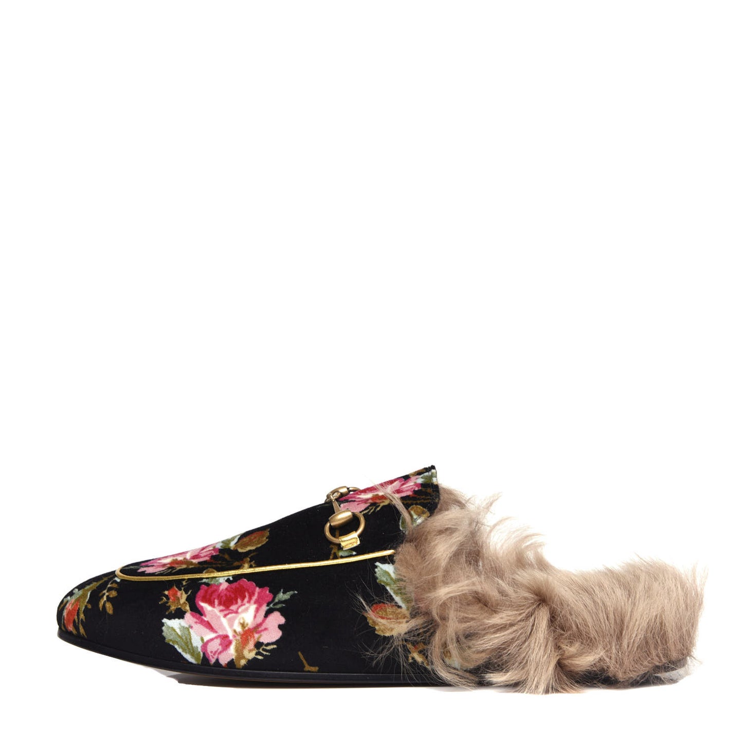Velvet Fur Floral Womens Princetown Slippers 41.5 Black