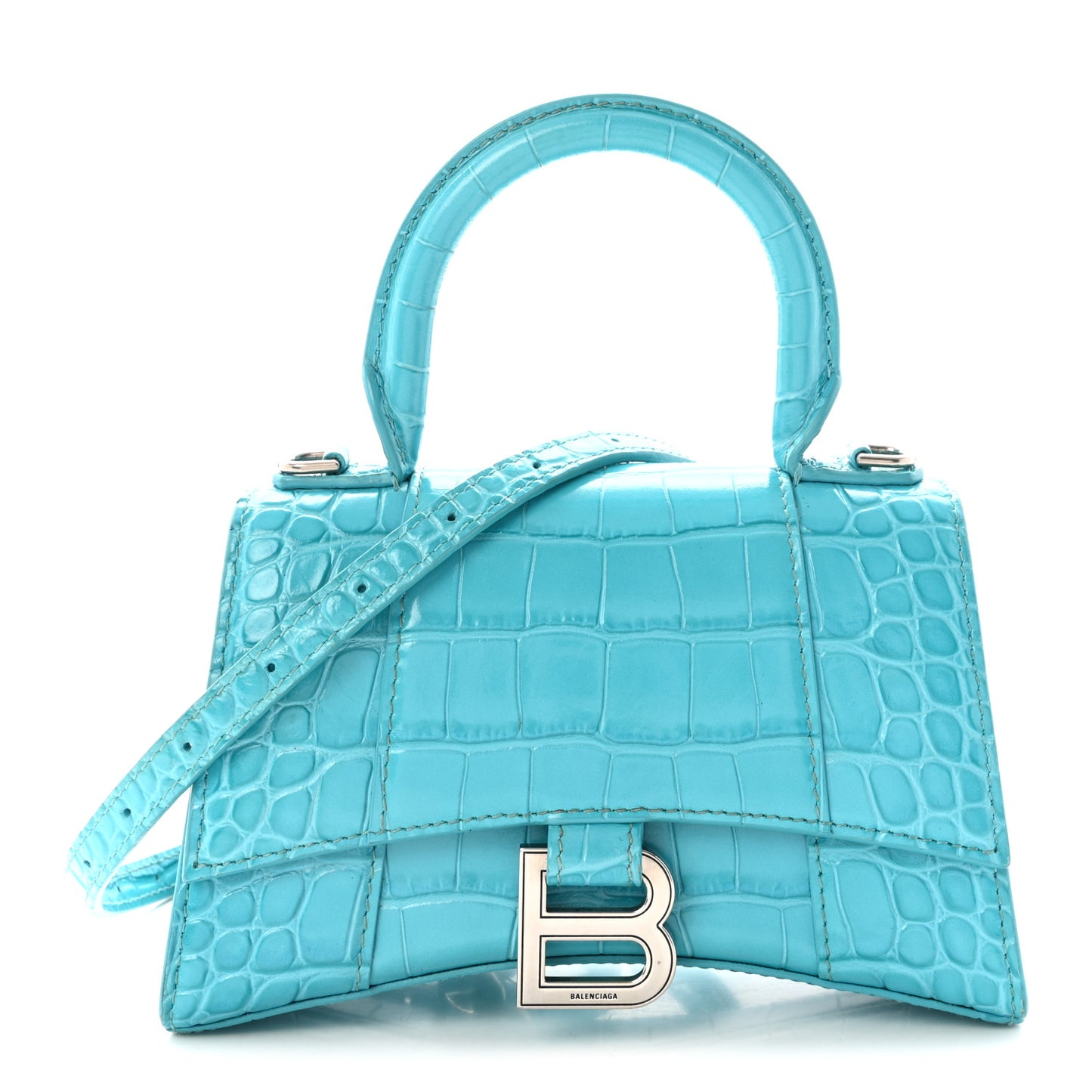 Shiny Calfskin Crocodile Embossed Hourglass Top Handle Bag XS Azur