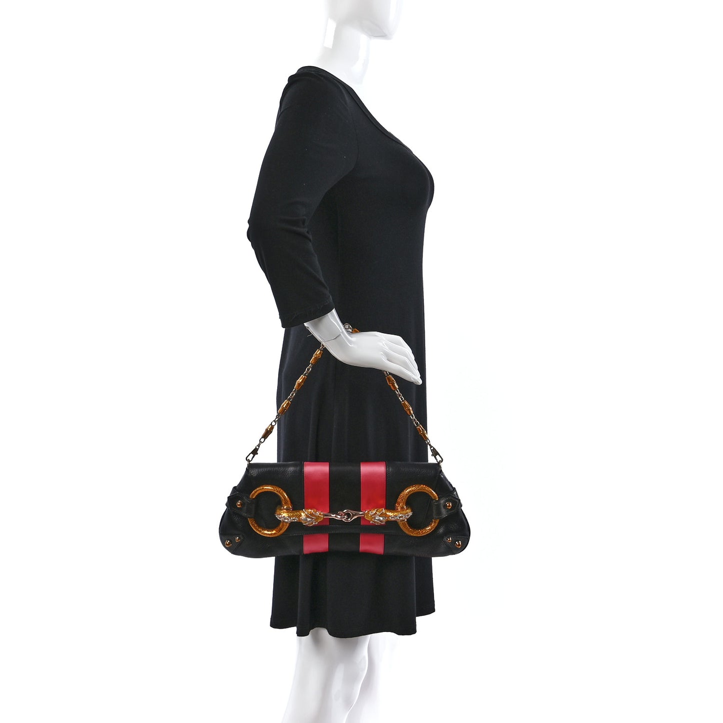 Calfskin Lizard Satin Studded Crystal Horsebit Clutch Pink Black