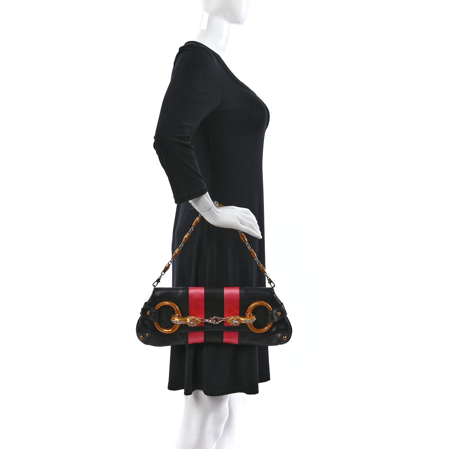 Gucci Calfskin Lizard Satin Studded Crystal Horsebit Clutch Pink Black 2 of 9
