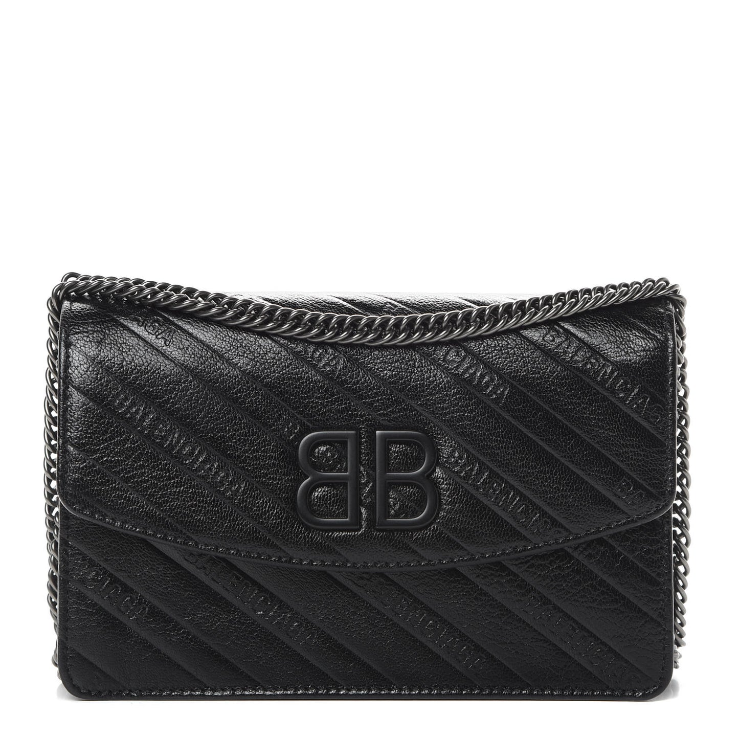 Shiny Goatskin Logo Embossed Monochrome BB Wallet On Chain Black
