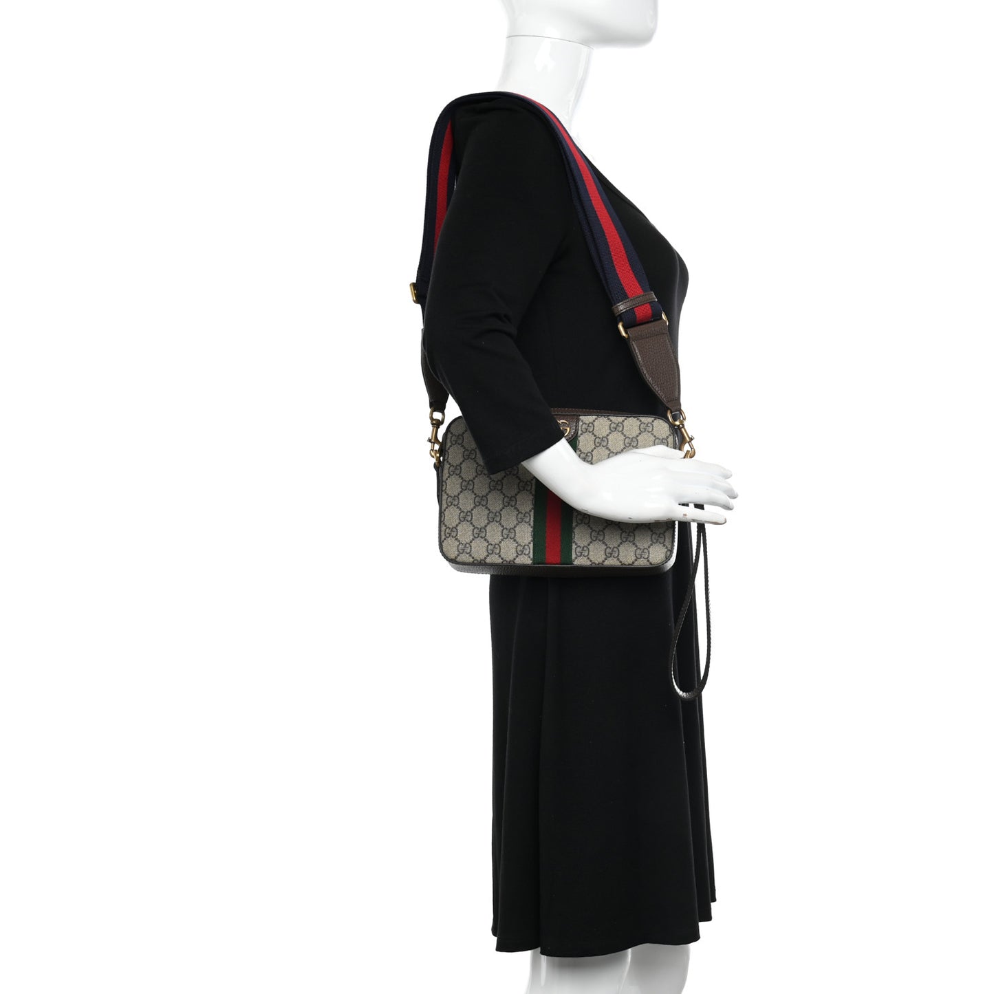 GG Supreme Monogram Textured Dollar Calfskin Web Ophidia Wristlet Shoulder Bag Beige Ebony New Acero
