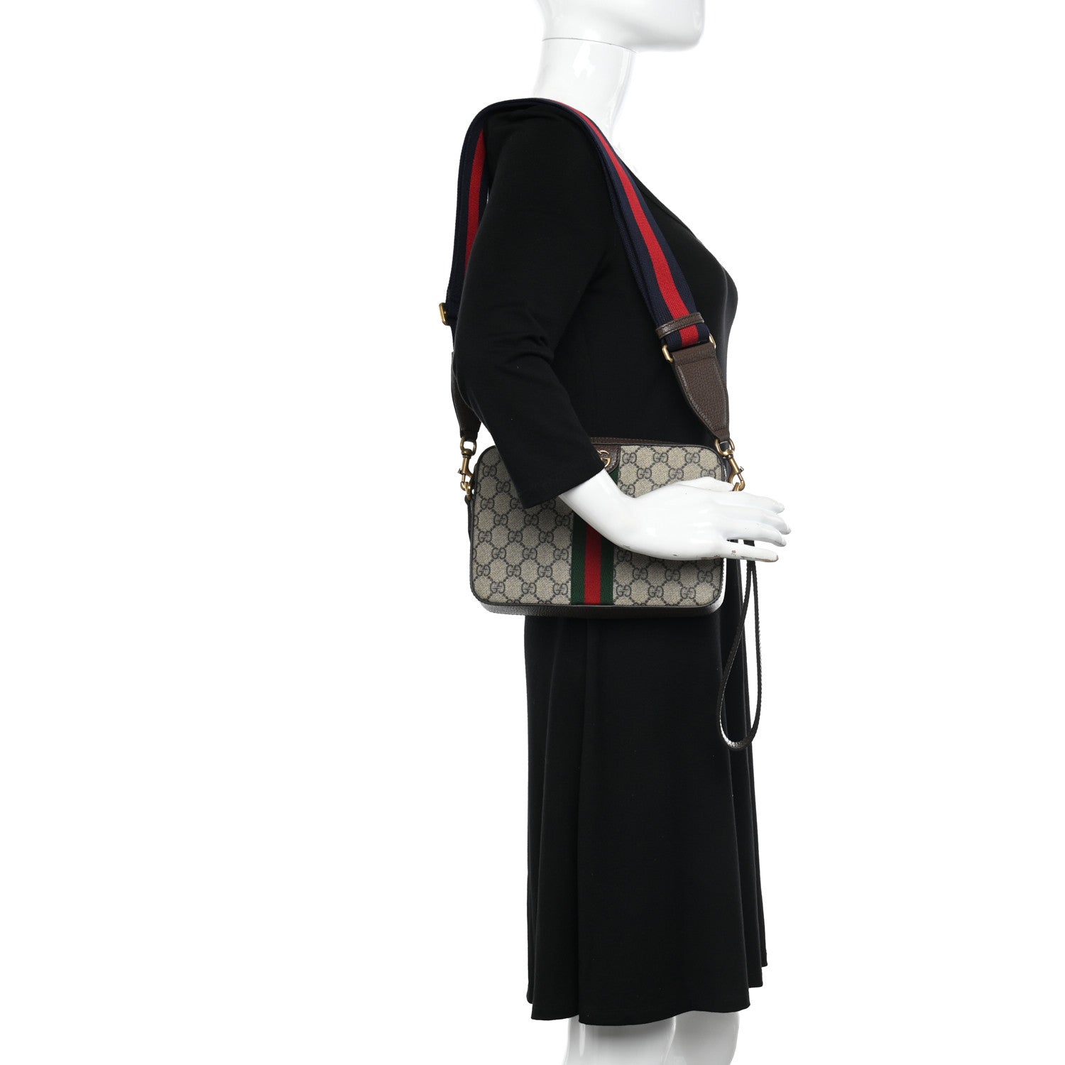 Gucci GG Supreme Monogram Textured Dollar Calfskin Web Ophidia Wristlet Shoulder Bag Beige Ebony New Acero 2 of 9