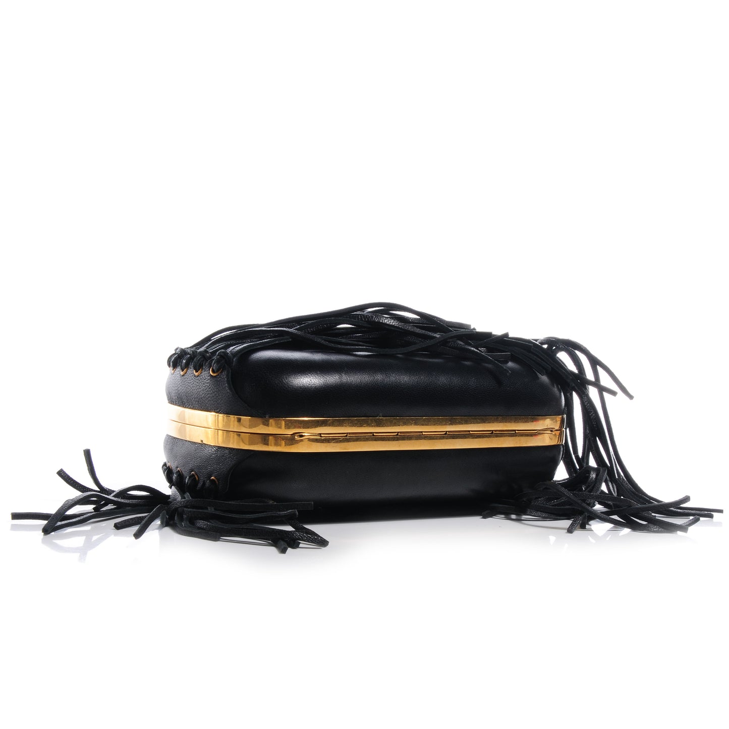 Leather Fringe Crystal Skull Box Clutch Black