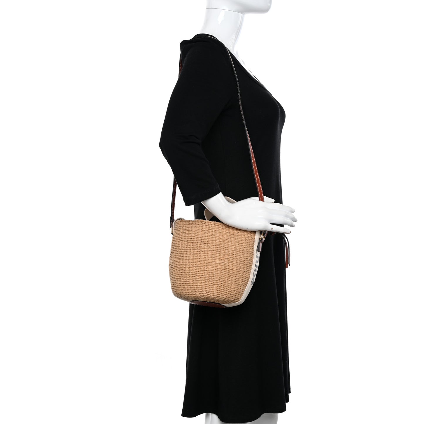 Raffia Calfskin Small Woody Basket Bag Brown