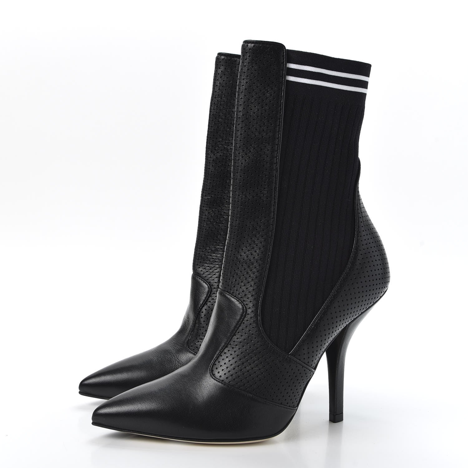 Fendi Nappa Stretch Fabric Perforated Striped Rockoko 105mm Sock Boots 39 Black White 3 of 7