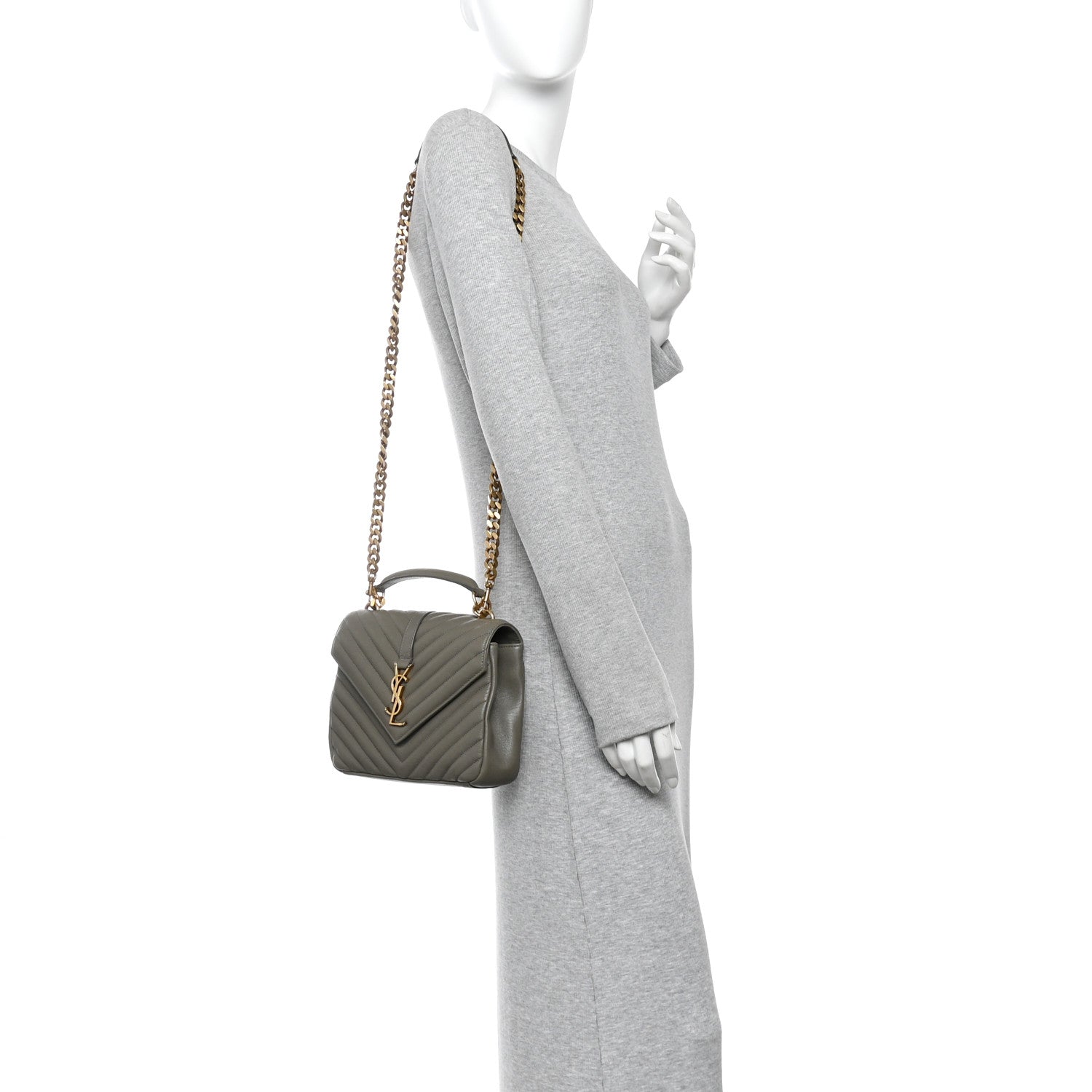 Saint Laurent Sheepskin Matelasse Chevron Monogram Medium College Bag Grey Kaki 2 of 10