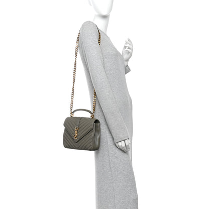 Saint Laurent Sheepskin Matelasse Chevron Monogram Medium College Bag Grey Kaki 2 of 10