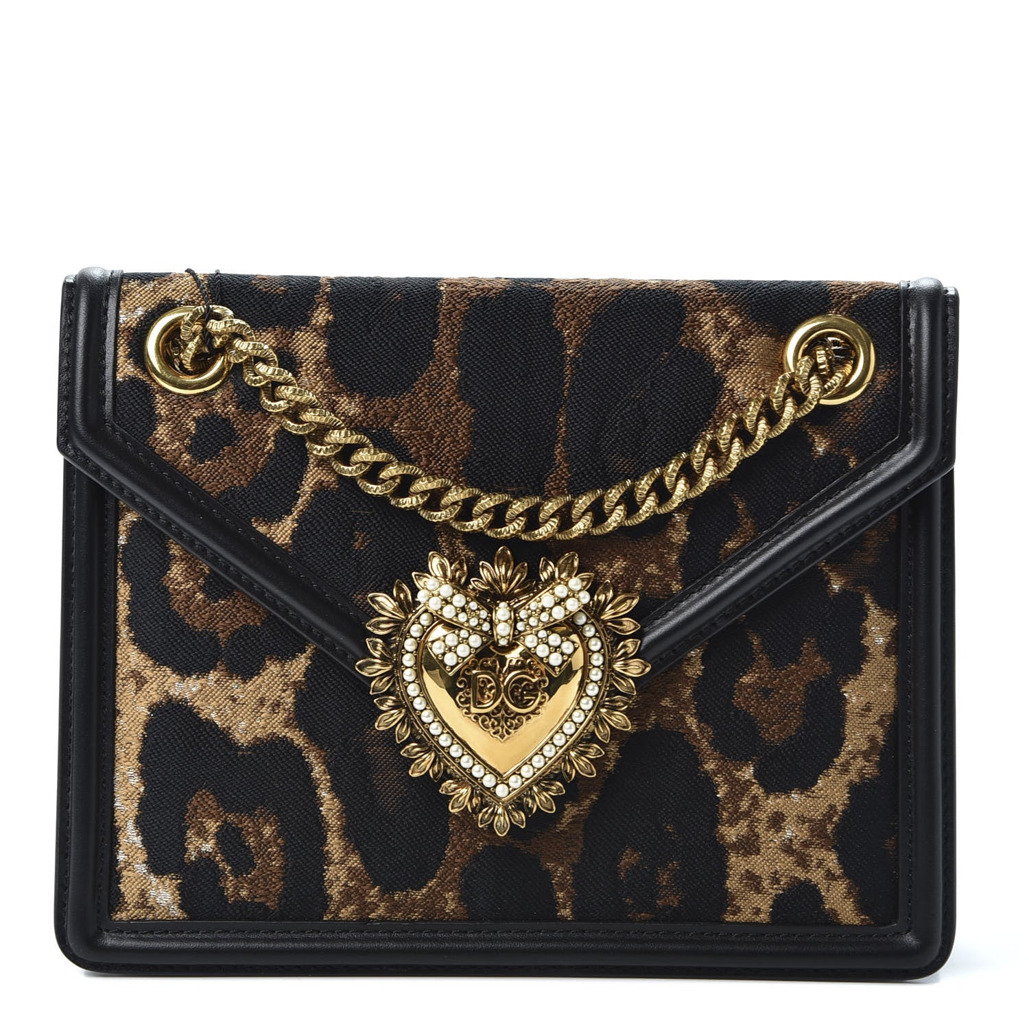 Dolce & Gabbana Jacquard Leopard Print Smooth Calfskin Medium Devotion Crossbody Bag Black 1 of 9