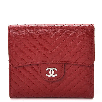 Chanel Caviar Chevron Quilted Compact Flap Wallet Dark Red 1 of 9