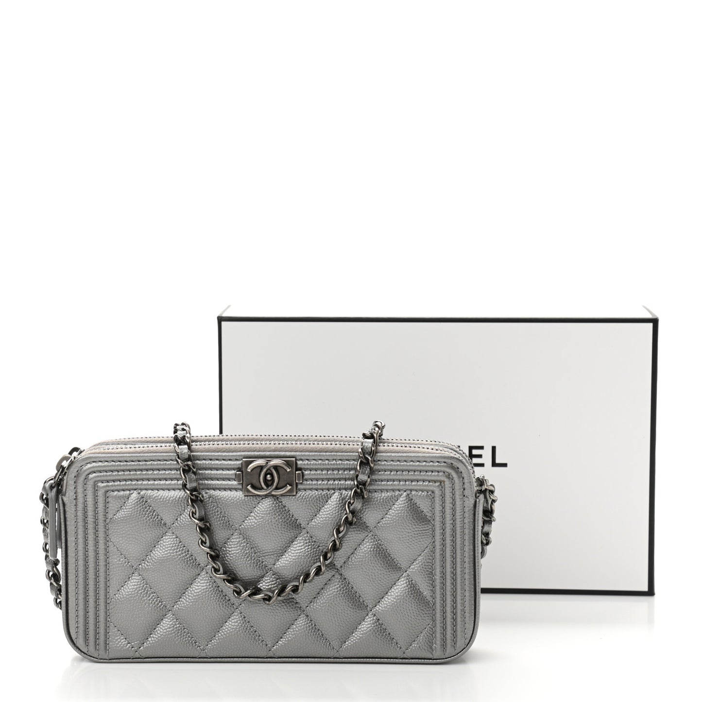 Metallic Caviar Quilted Small Boy Clutch With Chain Silver