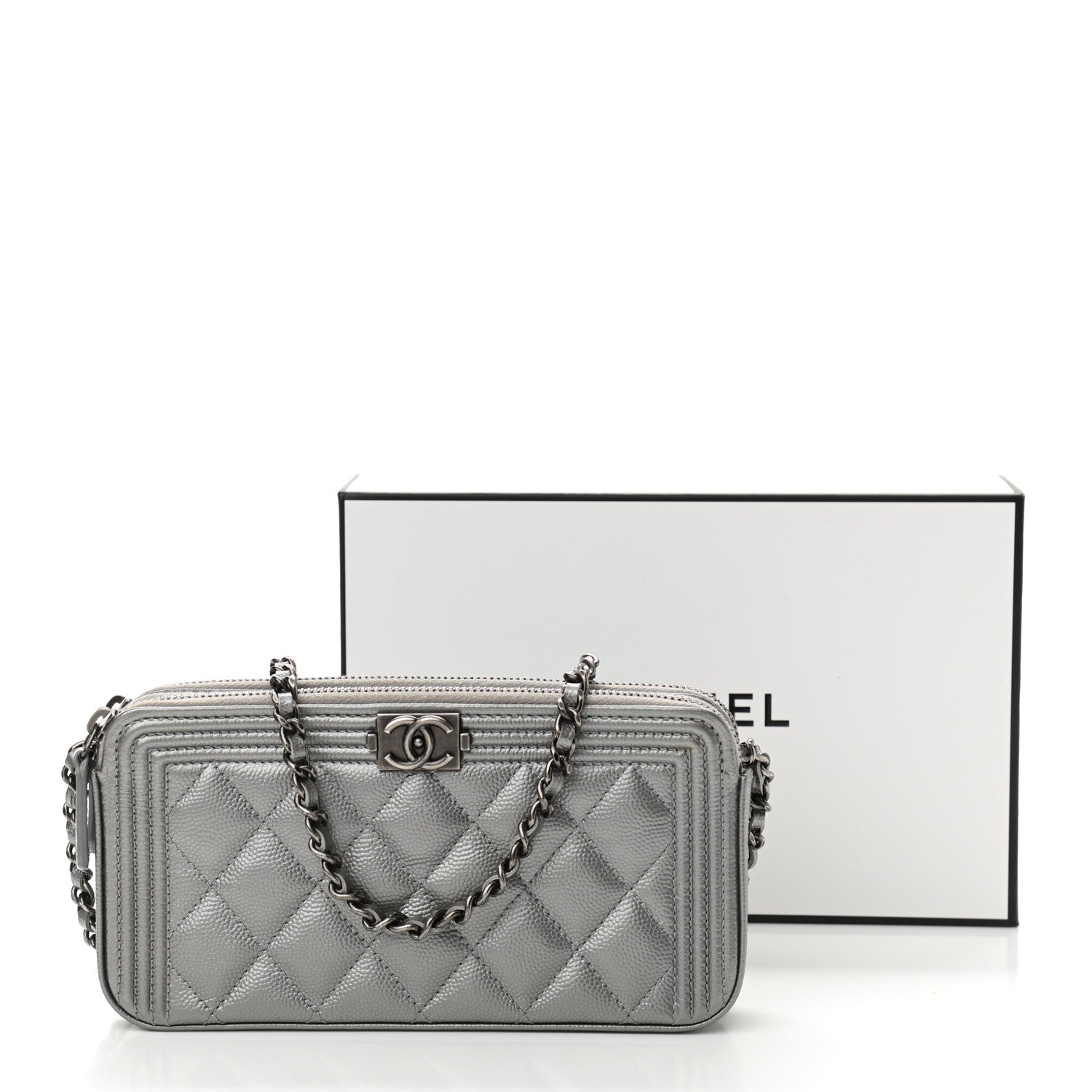 Chanel Metallic Caviar Quilted Small Boy Clutch With Chain Silver 14 of 14