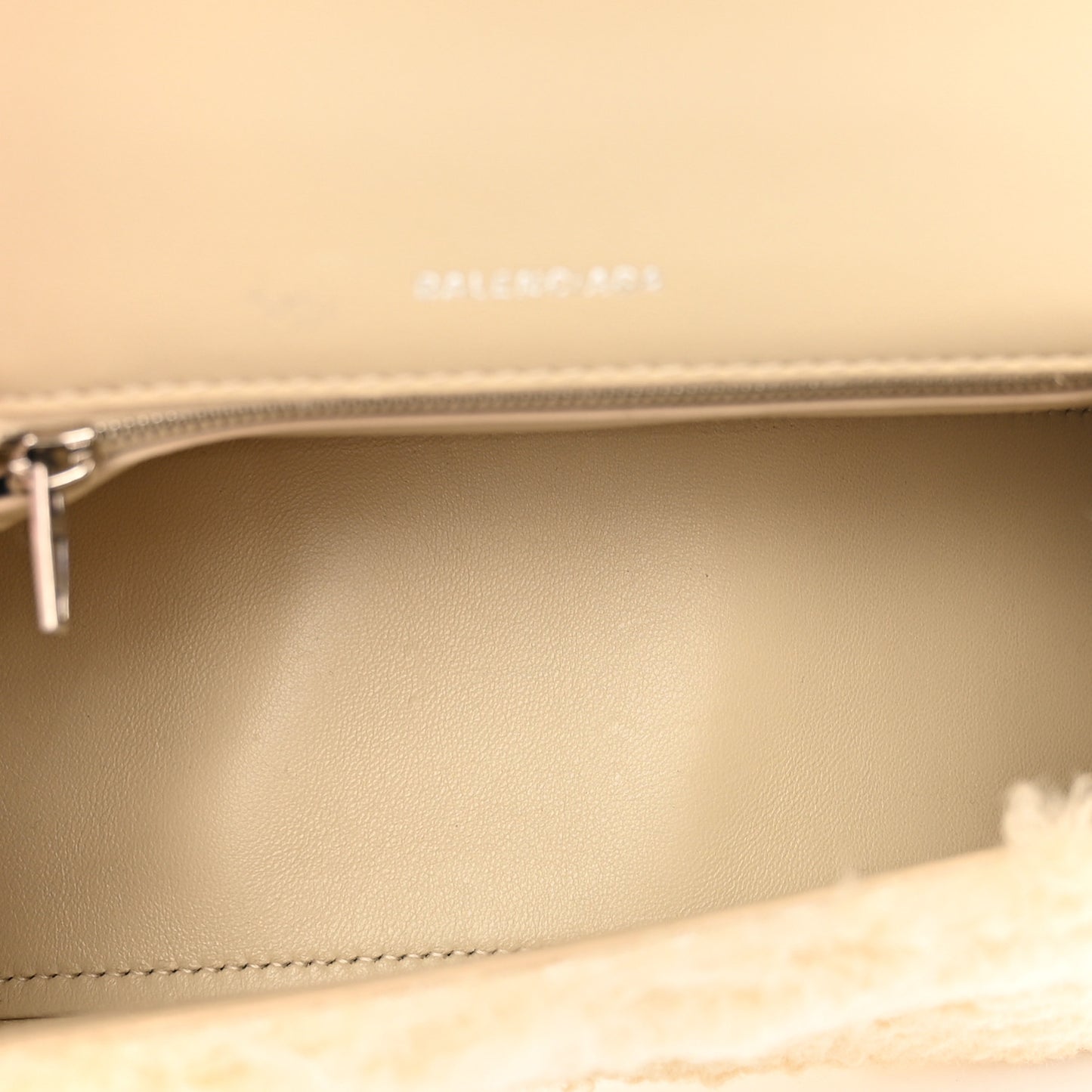 Curly Faux Shearling Small Hourglass Top Handle Bag Beige