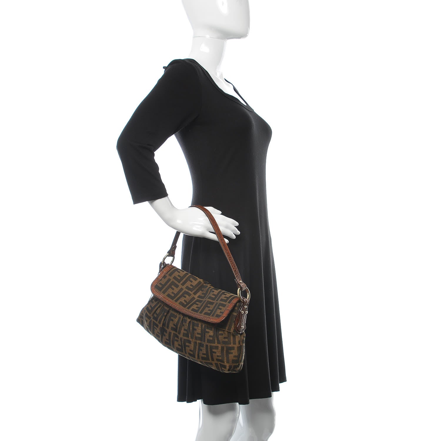 Fendi Zucca Calfskin Crocodile Embossed Small Chef Shoulder Bag Tobacco 2 of 11