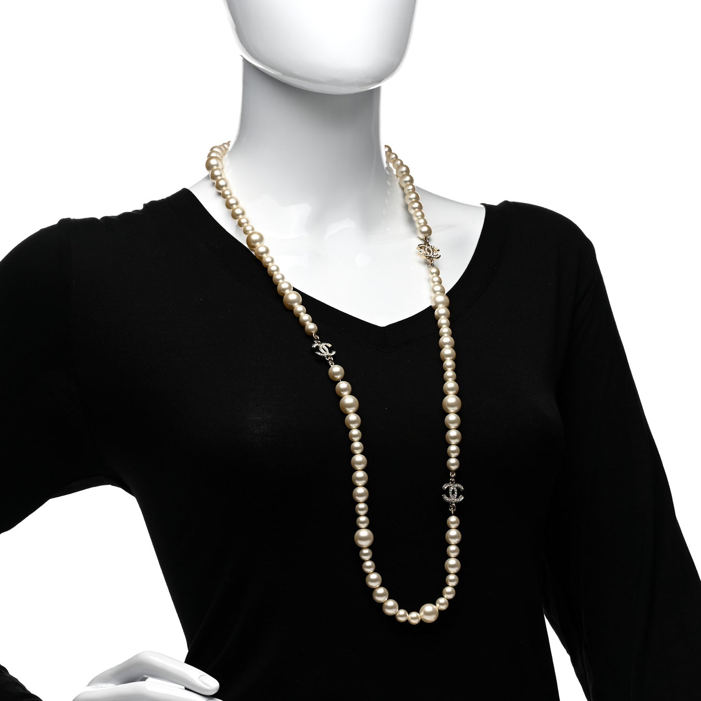 Graduated Pearl Crystal CC Long Necklace Silver