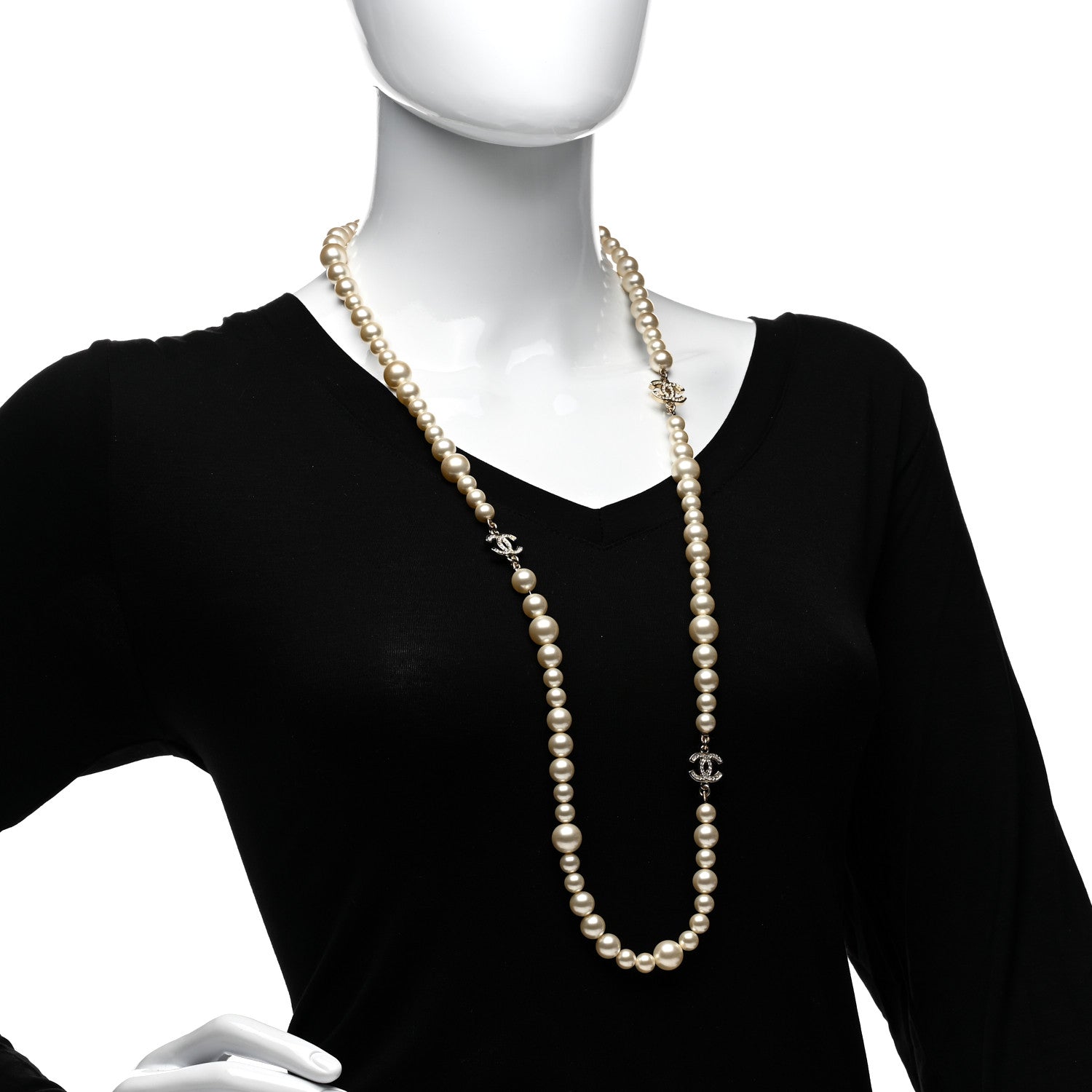 Chanel Graduated Pearl Crystal CC Long Necklace Silver 2 of 4