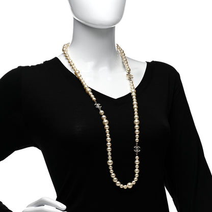 Chanel Graduated Pearl Crystal CC Long Necklace Silver 2 of 4