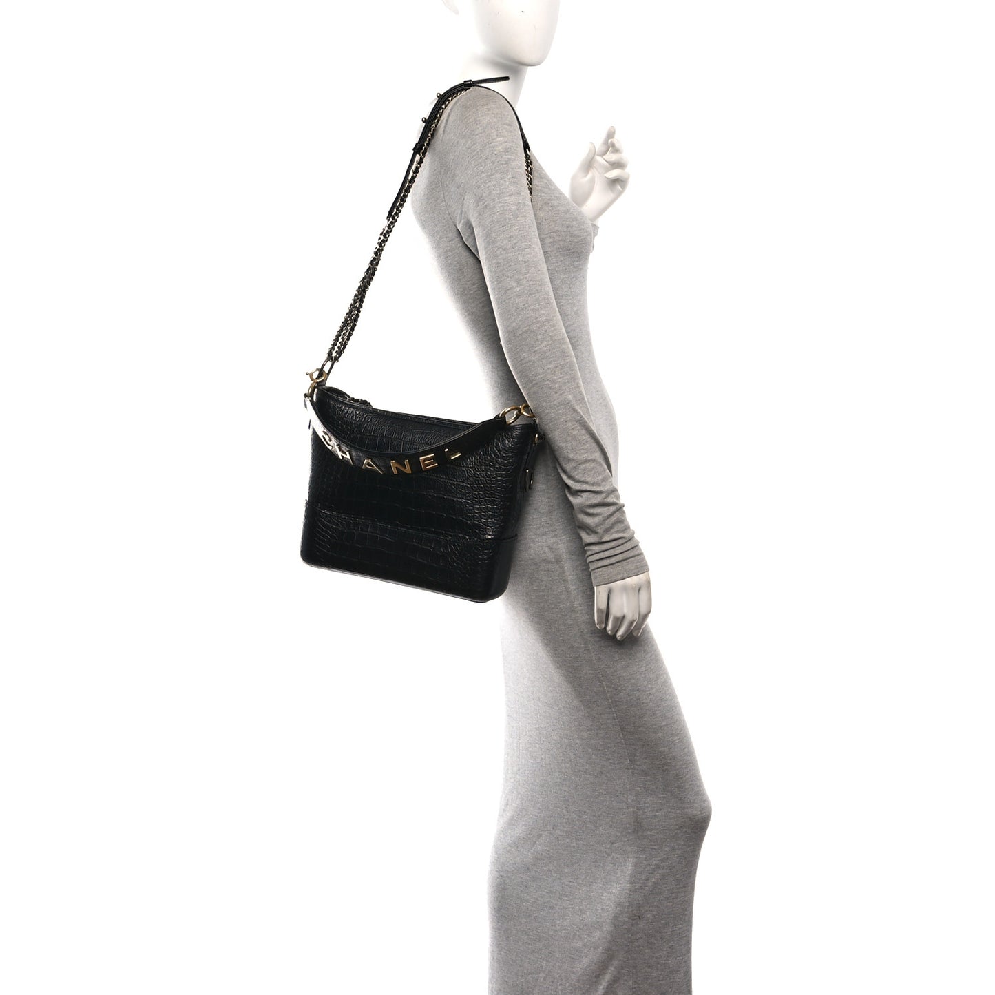 Crocodile Embossed Calfskin Medium Gabrielle Cocodile Hobo Black