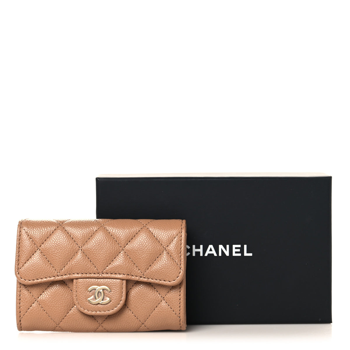 Caviar Quilted Flap Card Holder Wallet Dark Beige
