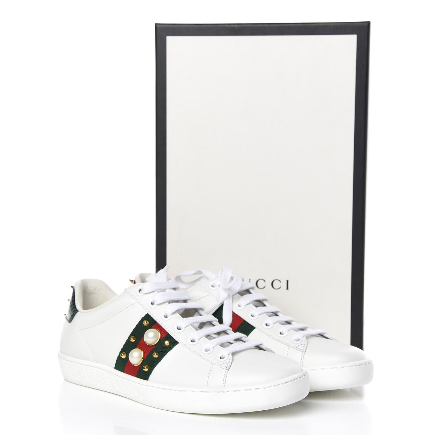 Calfskin Web Pearl Studded Womens Ace Sneakers 35.5 White