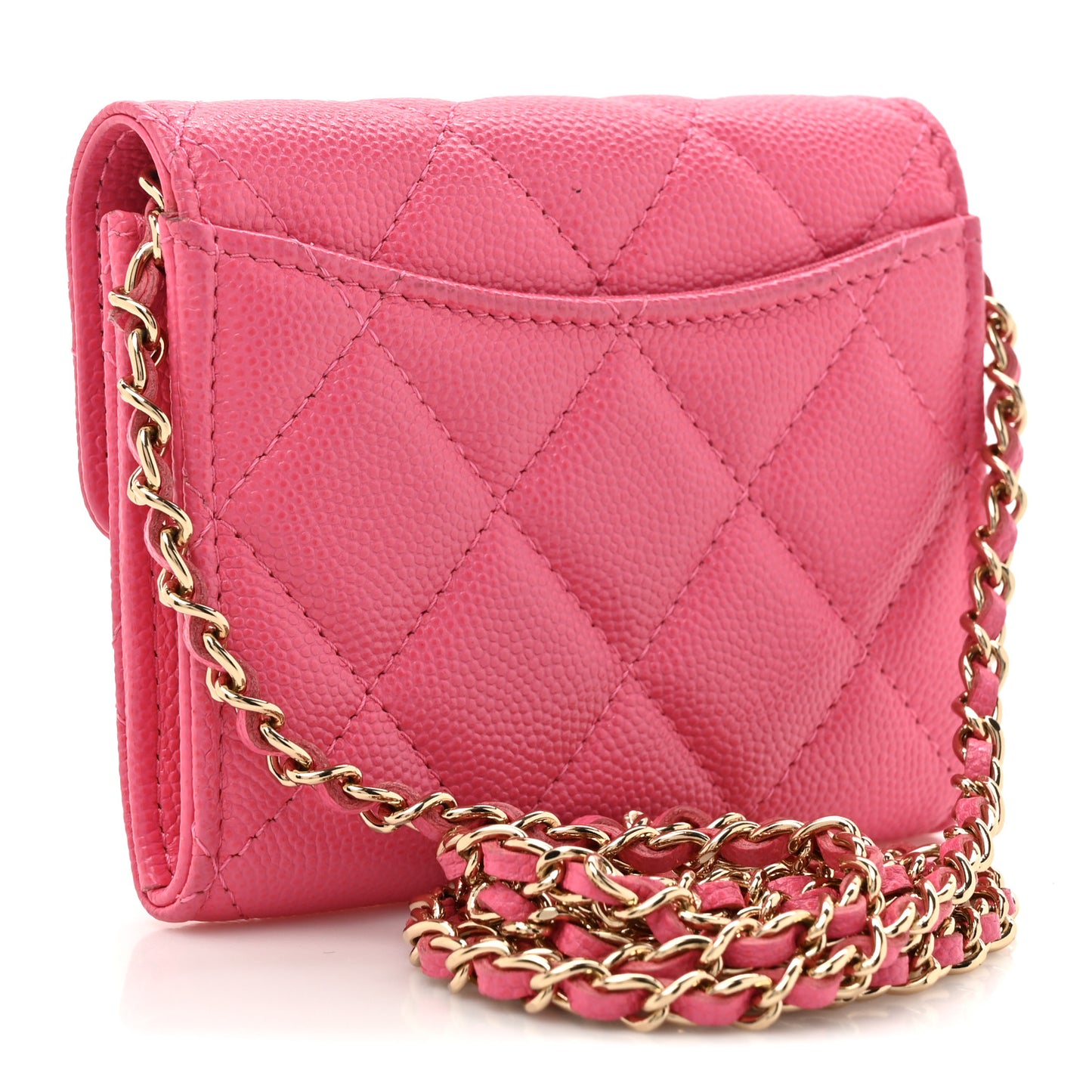 Caviar Quilted Flap Card Holder On Chain Pink