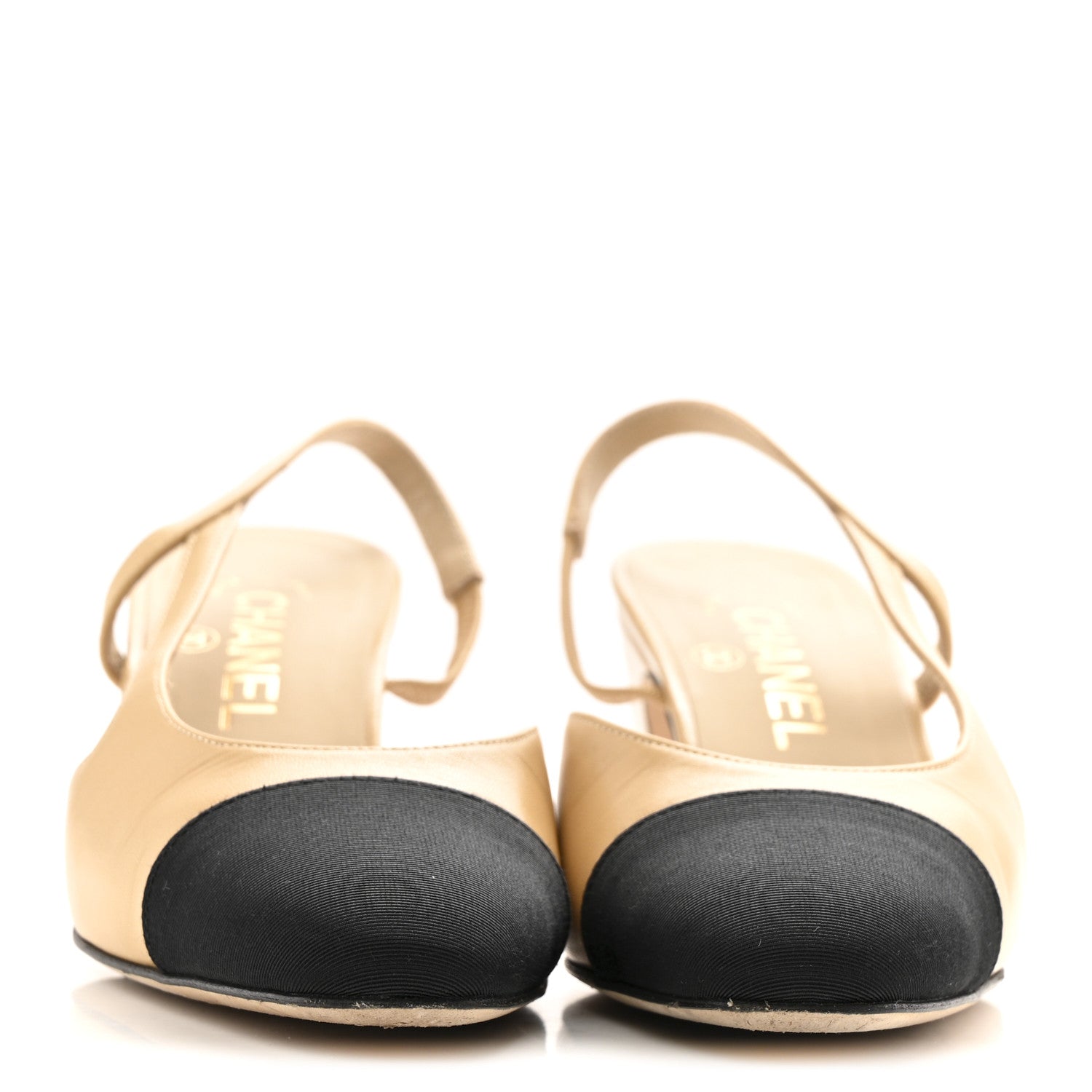 Chanel Goatskin Grosgrain Cap Toe CC Slingback Pumps 36.5 Beige Black 3 of 10