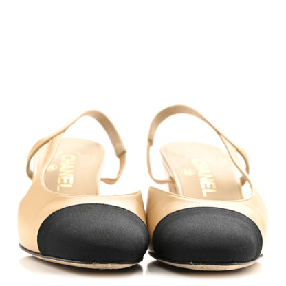 Chanel Goatskin Grosgrain Cap Toe CC Slingback Pumps 36.5 Beige Black 3 of 10