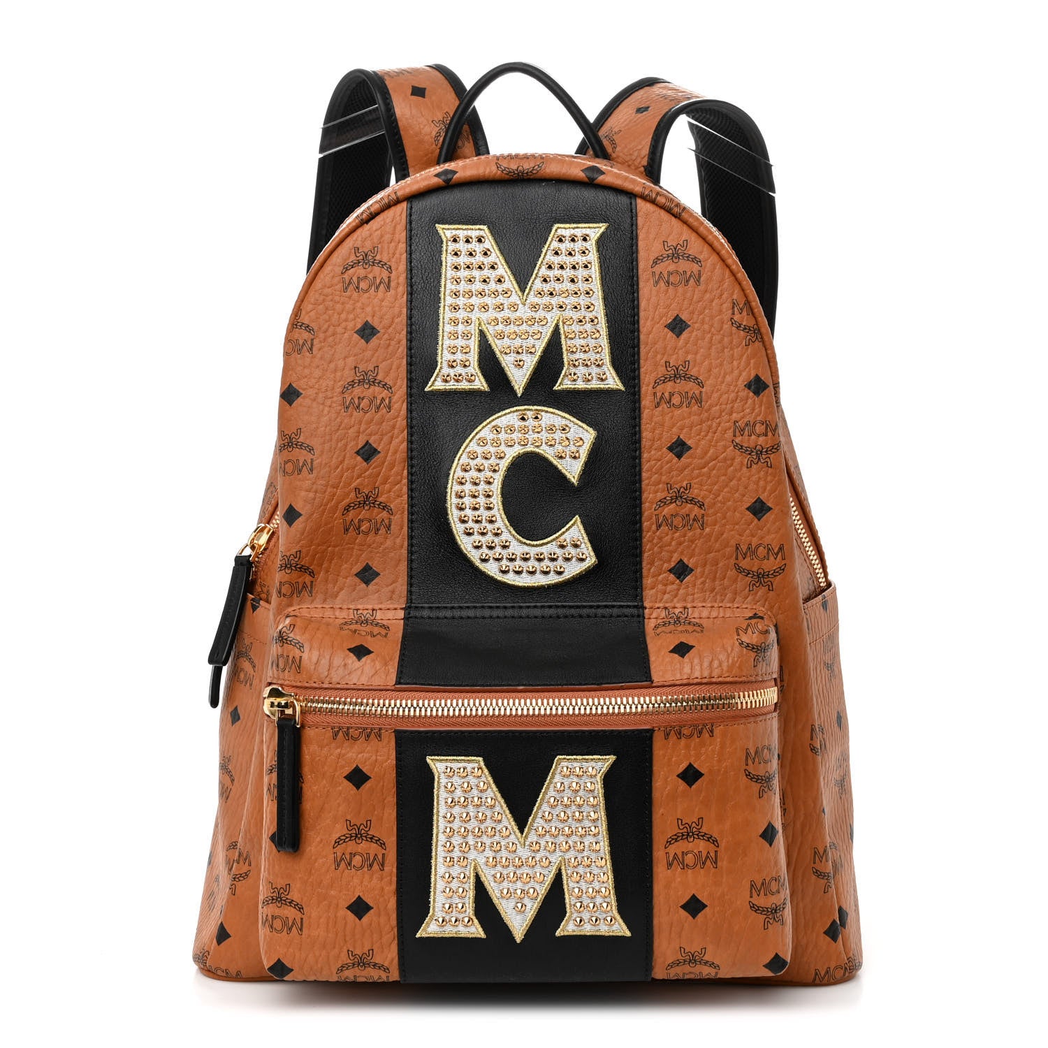 MCM Visetos Studded Small Studded Logo Stripe Backpack Cognac 1 of 10